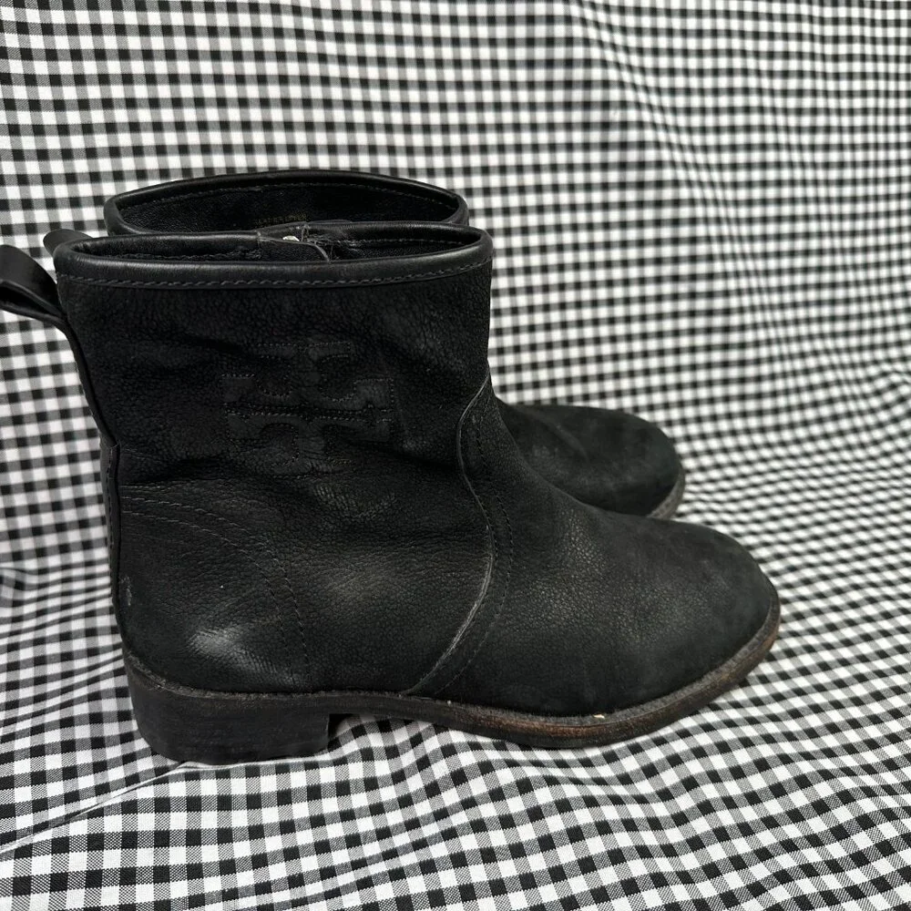 Tory Burch Simone Suede Leather Moto Ankle Bootie Side Zip Logo Black Womens 7.5